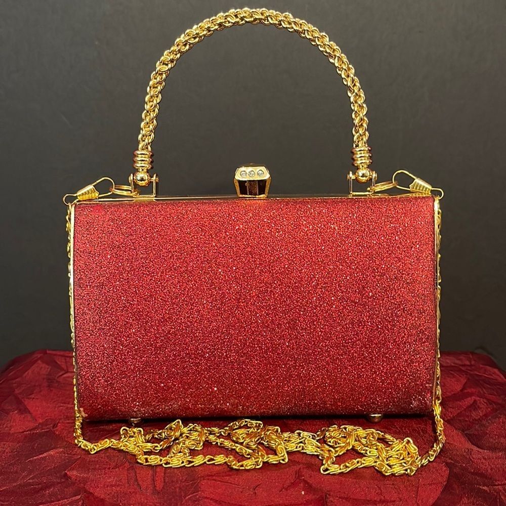 Red Glitter and Gold Evening Clutch Bag Gold Chain Strap - Picture 1 of 13